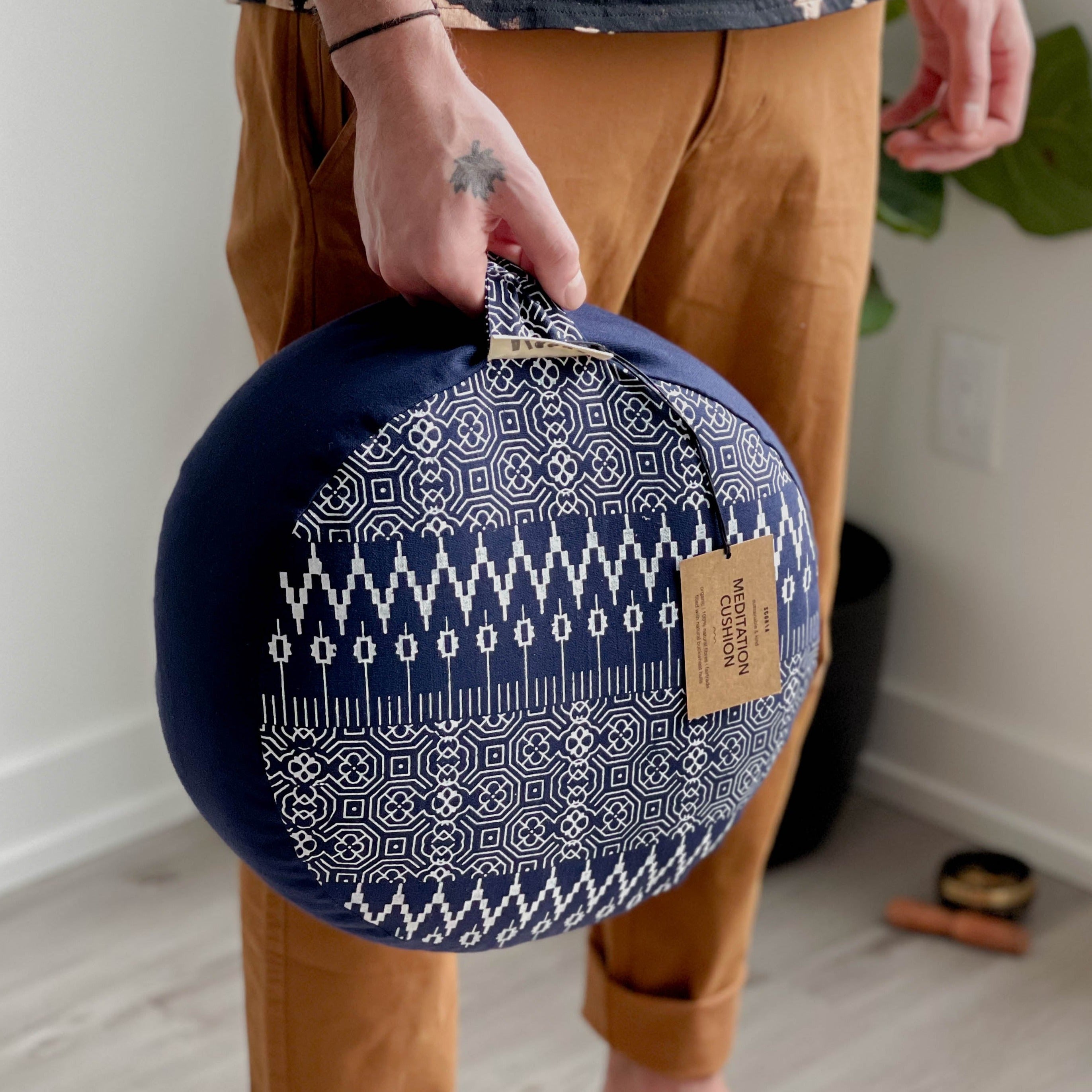 Round Natural Meditation Cushion | Ocean Blue Print